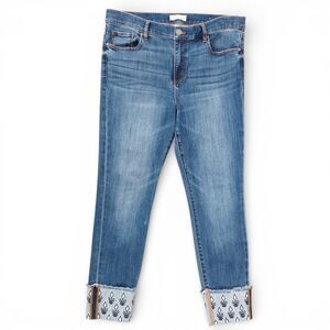 LOFT Modern Skinny Jeans Womens 14 Blue Cuffed Raw Hem Print Ankle Denim Chic